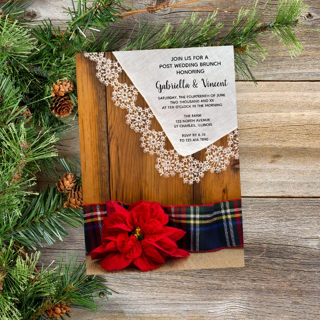 Convite Xadrez Rústico de Poinsettia Inverno Pós-Brunch de (Set a festive tone for your December wedding with this wintery Save the Date Announcement Card.)