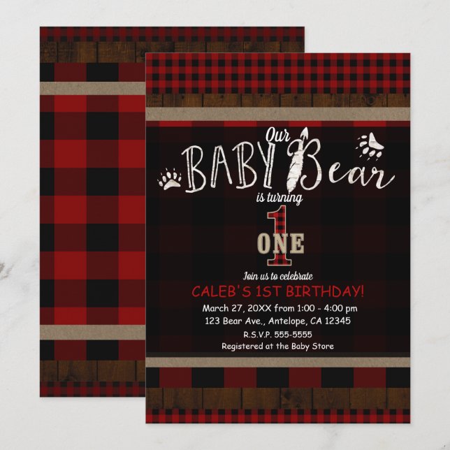 Convite Xadrez Rústico Urso de Bebê Vermelho Aniversário d (Frente/Verso)