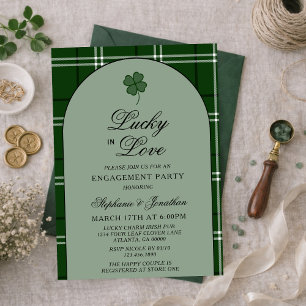 Convite Xadrez Tartan Verde Sortudo no Amor Festa de Noiva