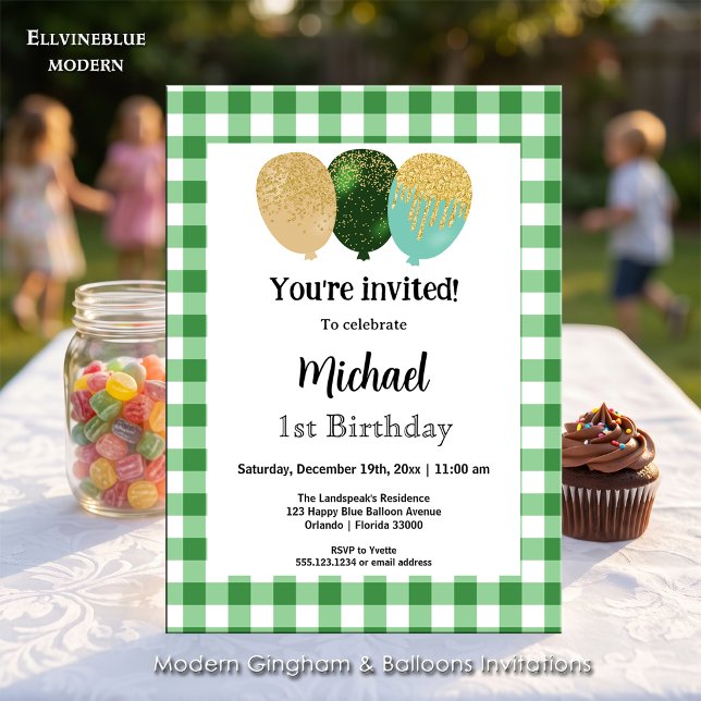 Convite Xadrez Verde, Balões de Aniversário de 1 Ano (Green gingham balloon invitations! For 1st Birthday or any birthday. Size 5” x 7”.)