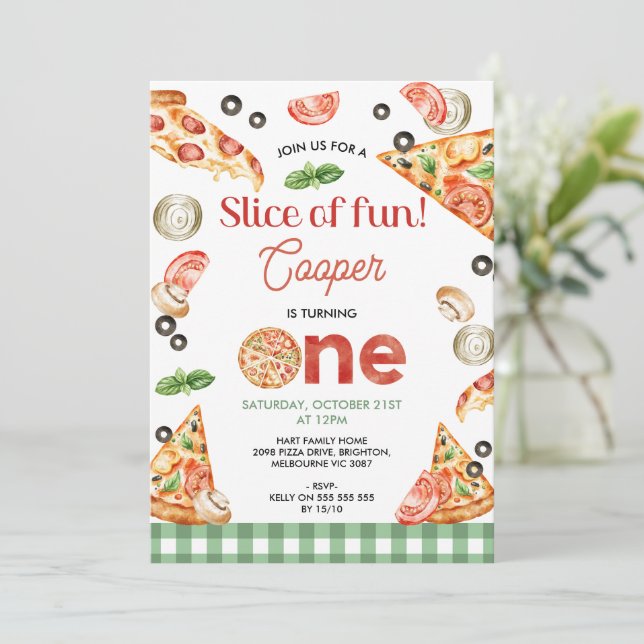 Convite Xadrez Verde Moderna Pizza Fatia De primeiro anive (Em pé/Frente)