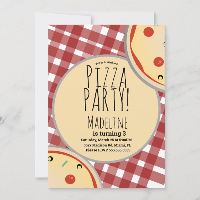 Convite Xadrez Vermelho de Aniversário de Pizza Mo (Frente)