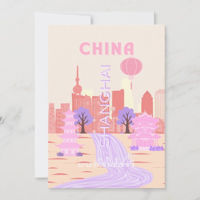 Convite Xangai China Pastel Viagem Arte (Frente)
