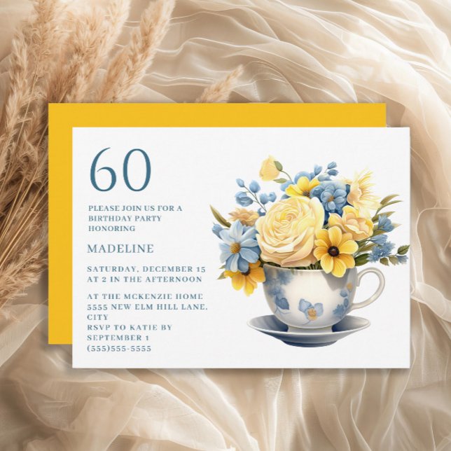 Convite Xícara Amarela Flores Azuis 60º Aniversário  (Blue teacup and yellow flowers 60th birthday party invitation)