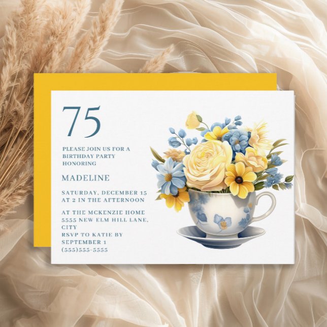 Convite Xícara Amarela Flores Azuis 75º Aniversário  (Blue teacup and yellow flowers 75th birthday invitation)