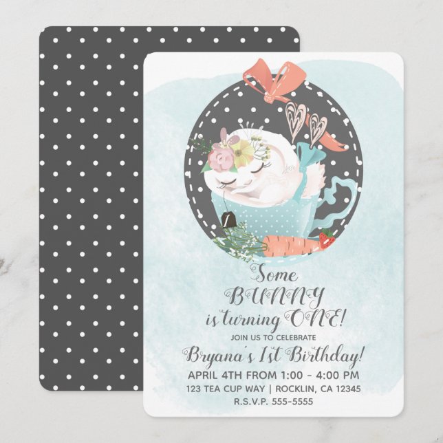 Convite Xícara de Chá Dormente Coelho de Páscoa Festa de A (Frente/Verso)