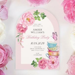 Convite Xícara de chá floral de aquarela de aniversário