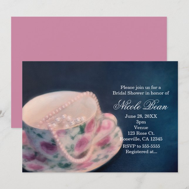 Convite Xícara de Chá Rosa Floral & Pérolas Chá de Noiva (Frente/Verso)