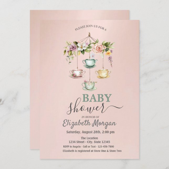 Convite Xícaras de chá de aquarela Chá de fraldas floral (Frente/Verso)
