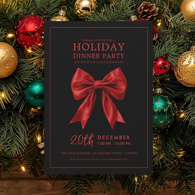 Convite Xmas Holiday Dinner Party Red Satin Bow Black  (Xmas Holiday Dinner Party Red Satin Bow Black Invitation)
