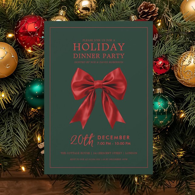 Convite Xmas Holiday Dinner Party Red Satin Bow Green  (Xmas Holiday Dinner Party Red Satin Bow Green Invitation)