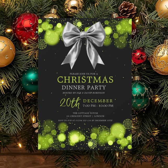 Convite Xmas Holiday Dinner Party Winter Silver Bow Green  (Xmas Holiday Dinner Party Winter Silver Bow Green Invitation)