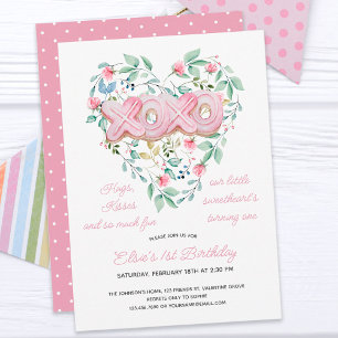 Convite XOXO Biscoito Rosa Delicado Floral Menina 1º Anive