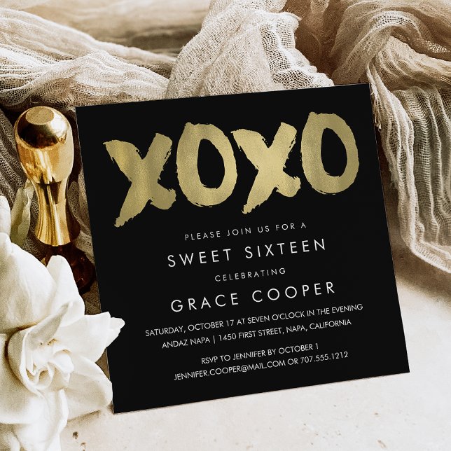 Convite XOXO Faux Gold & Black Sweet Sixteen (Criador carregado)