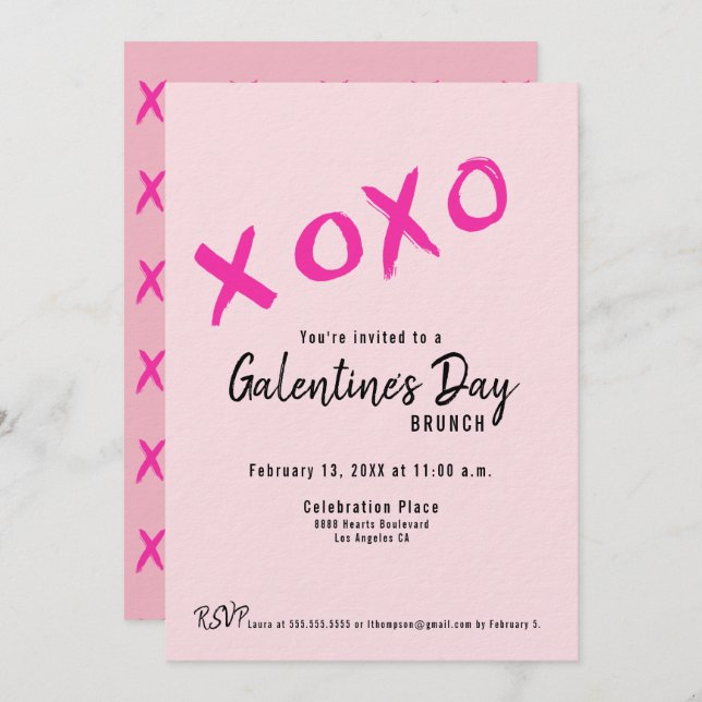 Convite XOXO Galentine’s Day Girls Brunch Pink Modern  (Frente/Verso)