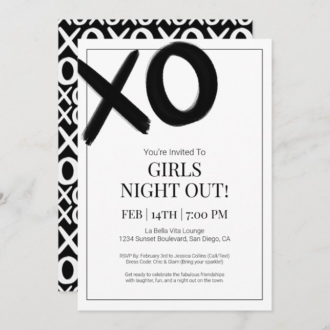 Convite XOXO Girls Night Out Black Bestiine Party (Frente/Verso)