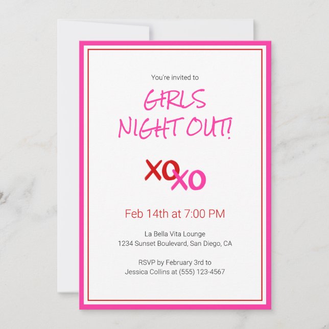 Convite XOXO Girls Night Out Pink Cuide Day Party (Frente)