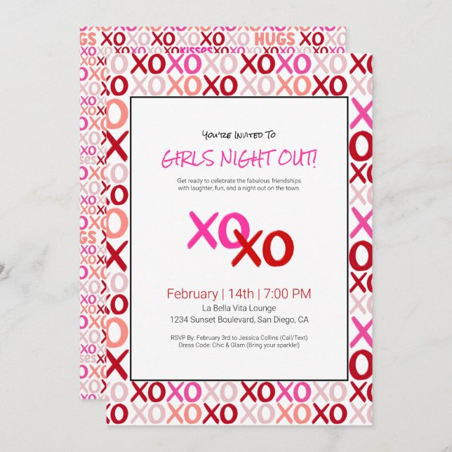 Convite XOXO Girls Night Out Pink Cuide Day Party (Frente/Verso)