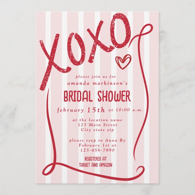 Convite XOXO Hand Drawn Pink Bridal Shower Party (Frente)