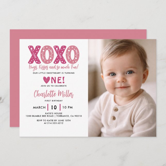 Convite  XOXO Hugs & Kisses Valentine's Day 1st Birthday (Frente/Verso)