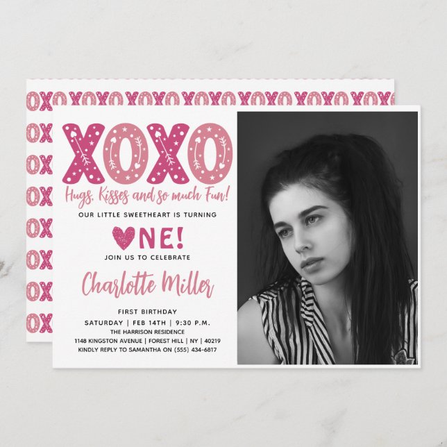 Convite XOXO Hugs & Kisses Valentine's Day 1st Birthday (Frente/Verso)