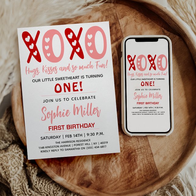 Convite XOXO Hugs & Kisses Valentine's Day 1st Birthday (XOXO Hugs & Kisses Valentine's Day 1st Birthday Invitation
)