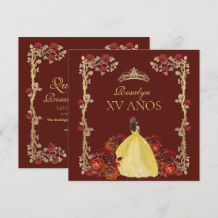 Convite xv ANOS Rosa Vermelha Burgundy e Dourada Quinceañe