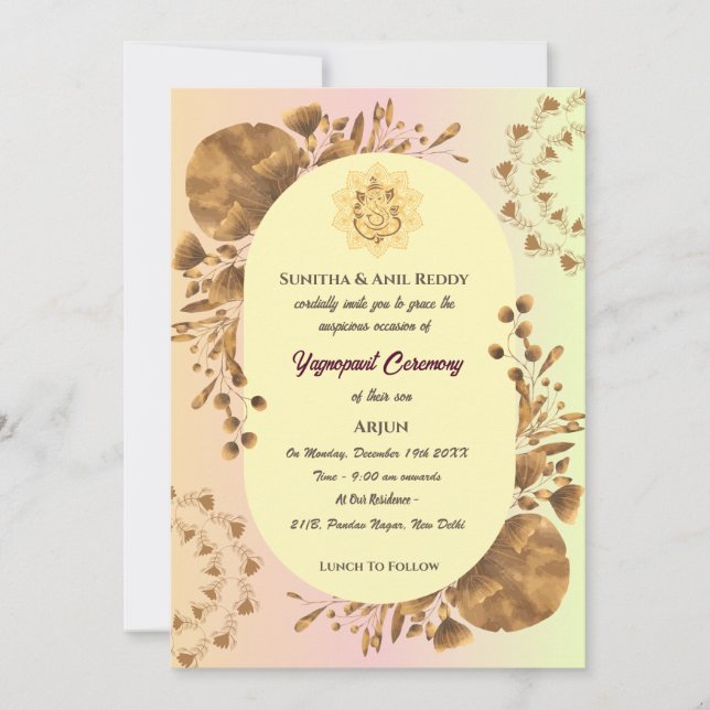 Convite Yagnopavit Upanayanam Hindu Thread Janeu Ceremonia (Frente)