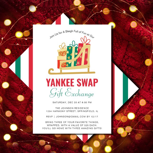 Convite Yankee Swap - Caixa de Presente Sleigh - Grupo de  (Sleigh Gift Box Yankee Swap Gift Exchange Party Invitation )