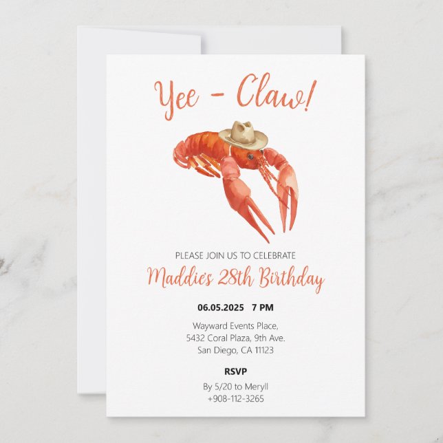 Convite Yee Claw Crawfish Boil Watercolor Aniversário (Frente)