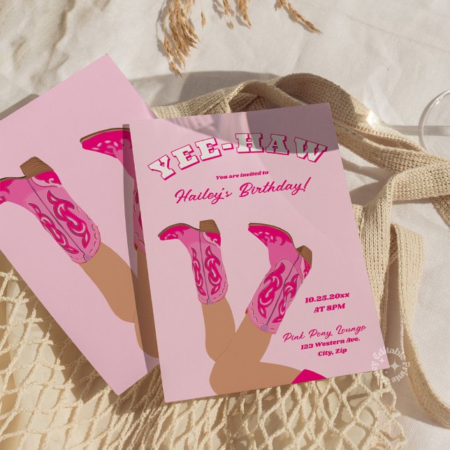 Convite Yee-Haw Cowgirl Boots Birthday (pink cowgirl yee-haw birthday invite)