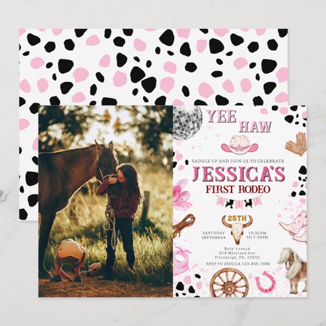 Convite Yee Haw Disco Cowgirl Foto Rodeo Aniversário (Frente/Verso)