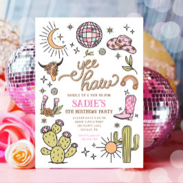 Convite Yee Haw Girl Rodeo Retro Disco Cowgirl Aniversário