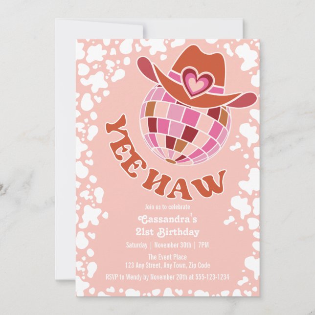 Convite Yee Haw Peach Disco Cowgirl Rodeo Aniversário (Frente)