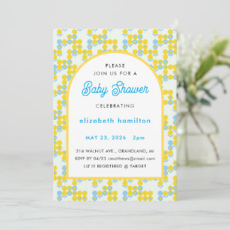 Convite Yellow and Blue Dots Modern Baby Shower Invitation