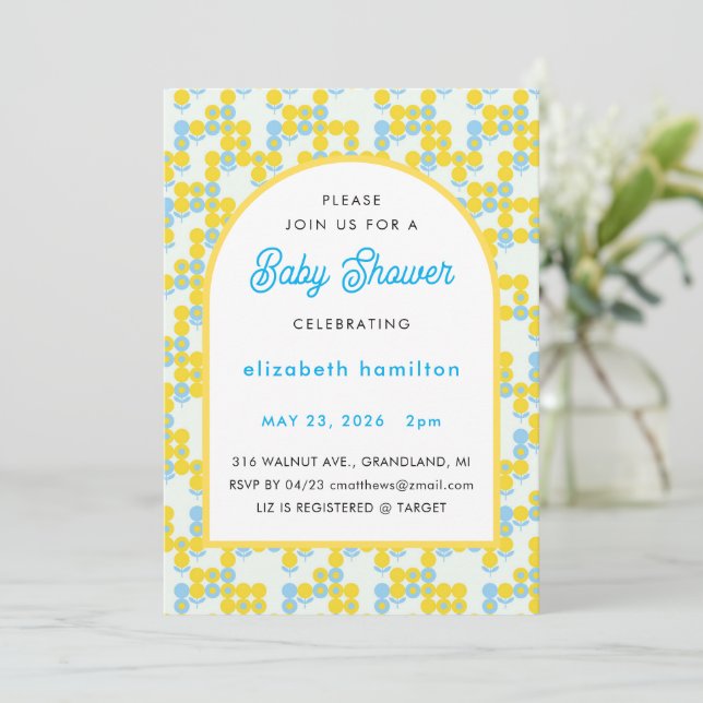 Convite Yellow and Blue Dots Modern Baby Shower Invitation (Em pé/Frente)