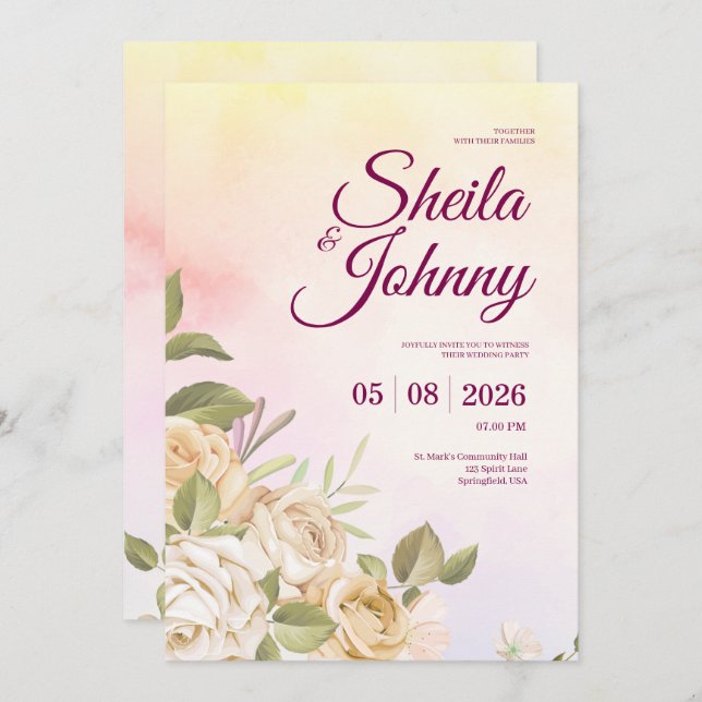Convite Yellow and Pink Watercolor Elegance Wedding (Frente/Verso)