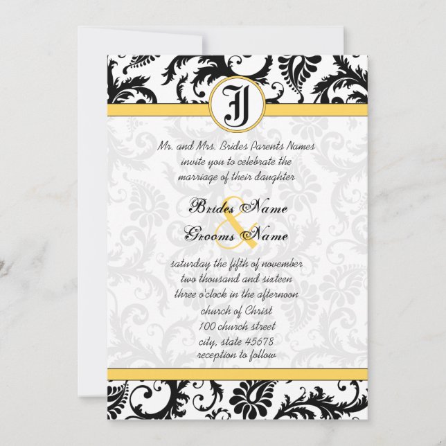 Convite Yellow & Black Damask Swirls Wedding Invitations (Frente)