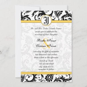 Convite Yellow & Black Damask Swirls Wedding Invitations