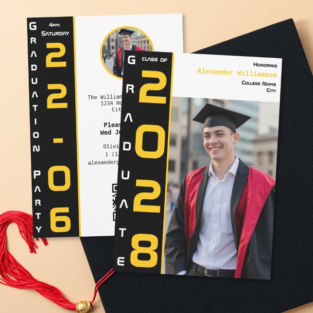 Convite Yellow Black White Graduation Photo QR Code Party (Criador carregado)