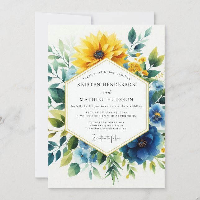 Convite Yellow Blue Botanical Bloom Wedding (Frente)
