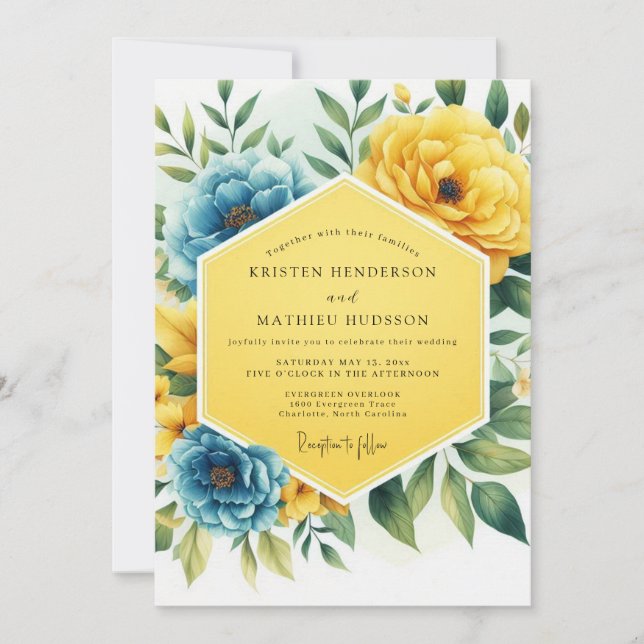Convite Yellow Blue Floral Whimsy Wedding (Frente)