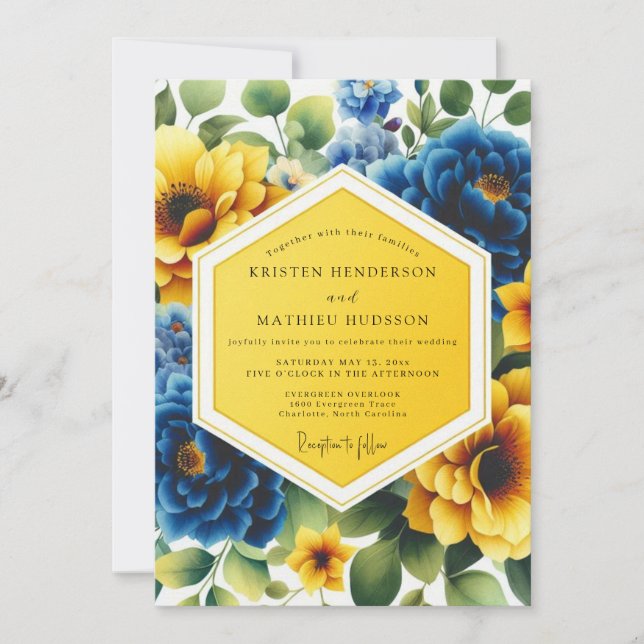 Convite Yellow Blue Floral Whimsy Wedding (Frente)