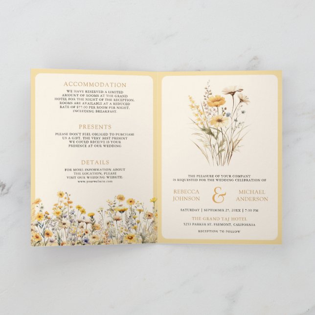 Convite Yellow Boho Wildflower QR Code Wedding (Interior)