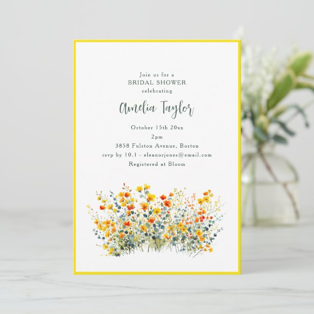 Convite Yellow Border Wildflower Spring Bridal Shower (Em pé/Frente)
