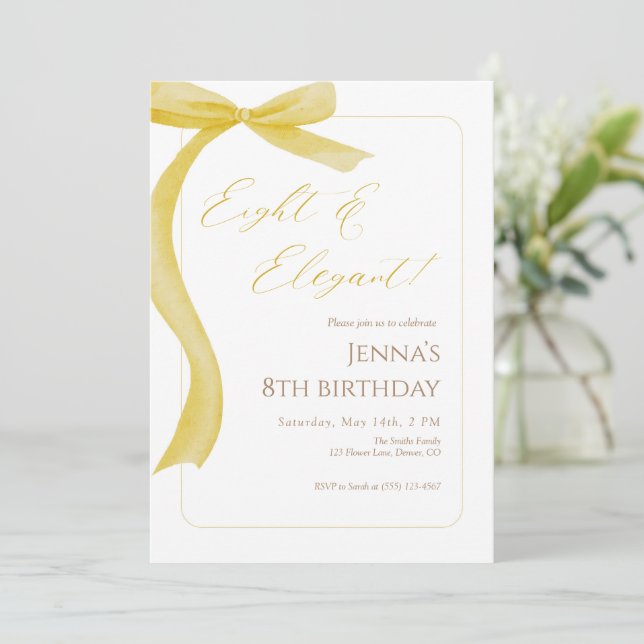 Convite Yellow Bow Eighth Birthday Invitation (Em pé/Frente)