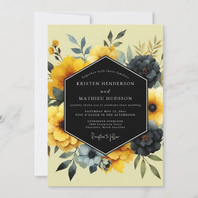 Convite Yellow Charcoal Artistic Bloom Wedding (Frente)