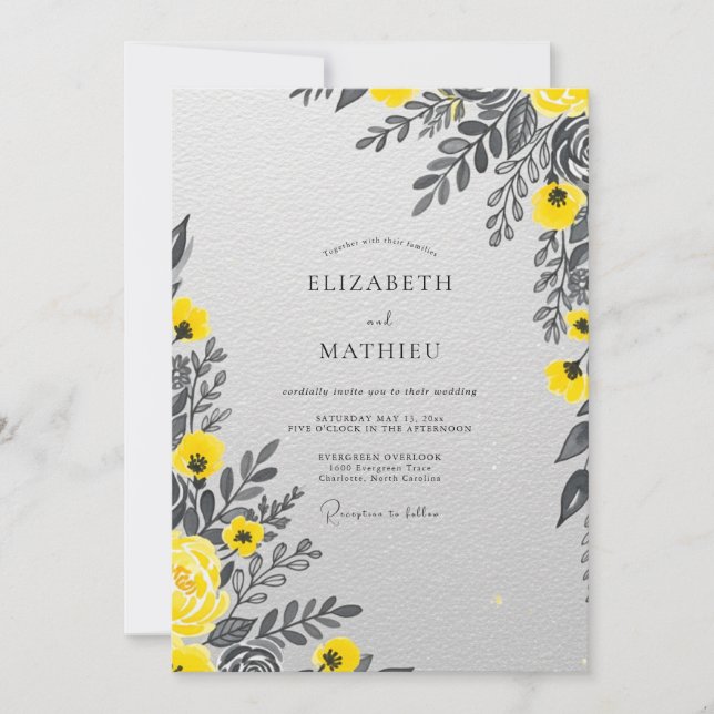 Convite Yellow Charcoal Polished Botanical Wedding (Frente)