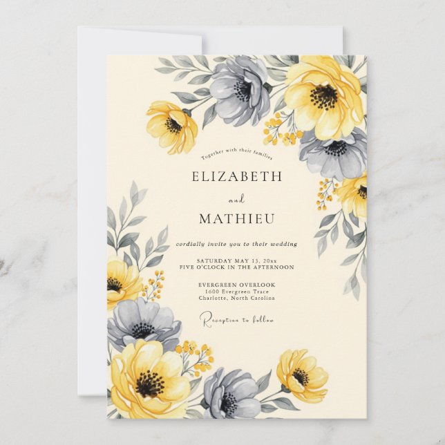 Convite Yellow Charcoal Striking Floral Wedding (Frente)