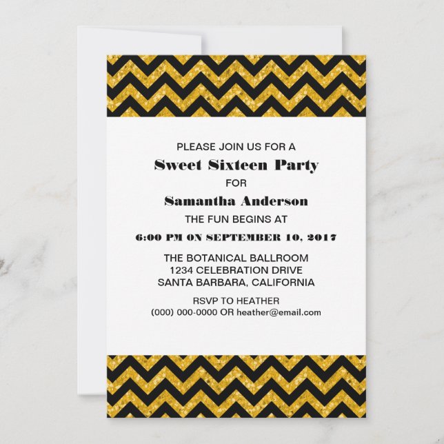 Convite Yellow Chevron Glitter Sweet 16 Party (Frente)